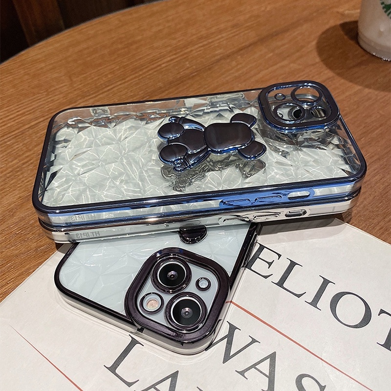 Soft Case Transparan Electroplated Motif Beruang 3D Untuk IPhone 13 12 11 Pro X XS MAX XR 7 8 Plus