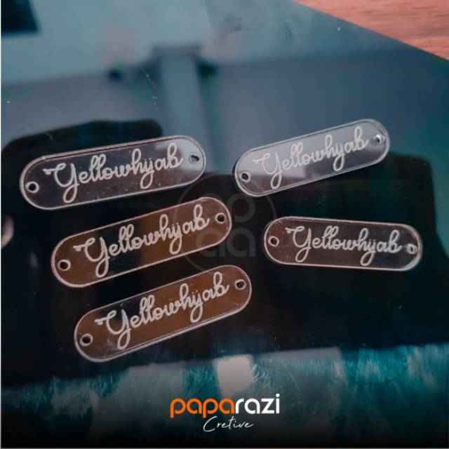

READY Label Rebranding Akrilik Clear bening Transparant Bebas Custom / Label Jilbab /label Kerudung