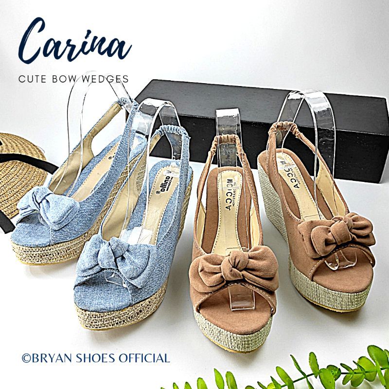 Bryan Carina Wedges Sandal 9cm Suede Denim Slingback Pita Pesta Levis Jeans 9cm Biru Mocca