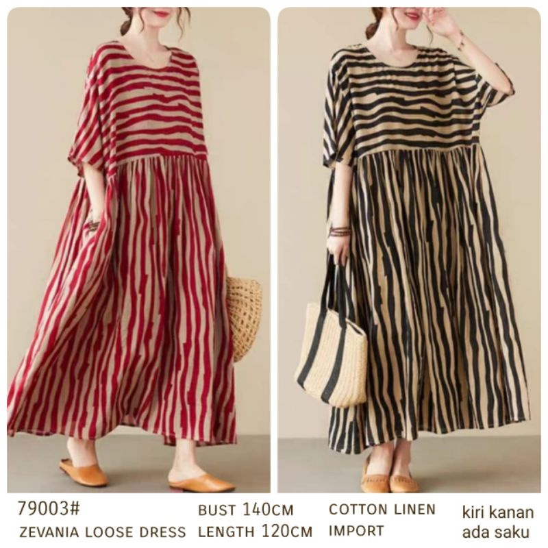 MDLV ~ 79003# Zevania Loose Dress Premium Dreaa Big Size Dress Oversize Dress Garis Midi Dress Fashion Import