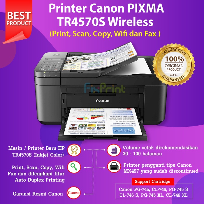 Printer Multifungsi A4 Canon Pixma TR4570s TR4670s Wireless Print Copy Scan ADF Fax WiFi Print Cartridge Tinta 745s Black 746s Color Duplex Printing A4