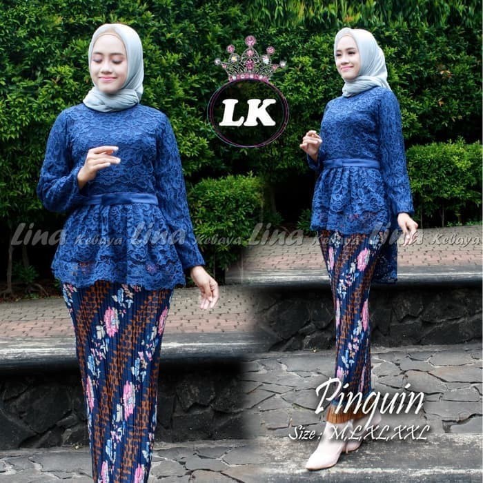 Setelan kebaya brokat aurora coksu/kebaya wisuda/kebay brokat/baju wanita/rok plisket/kebaya pinguin-Set navy