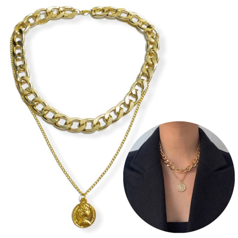 Kalung Double Layer Gold Big Elizabeth Coin Multilayer Rantai Chain Gaya Punk Koin