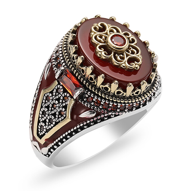 Fashion Cincin Batu Merah Bentuk Mahkota Gaya Vintage Untuk Pria Dan Wanita Suvenir Pesta Bergaya dan Sederhana