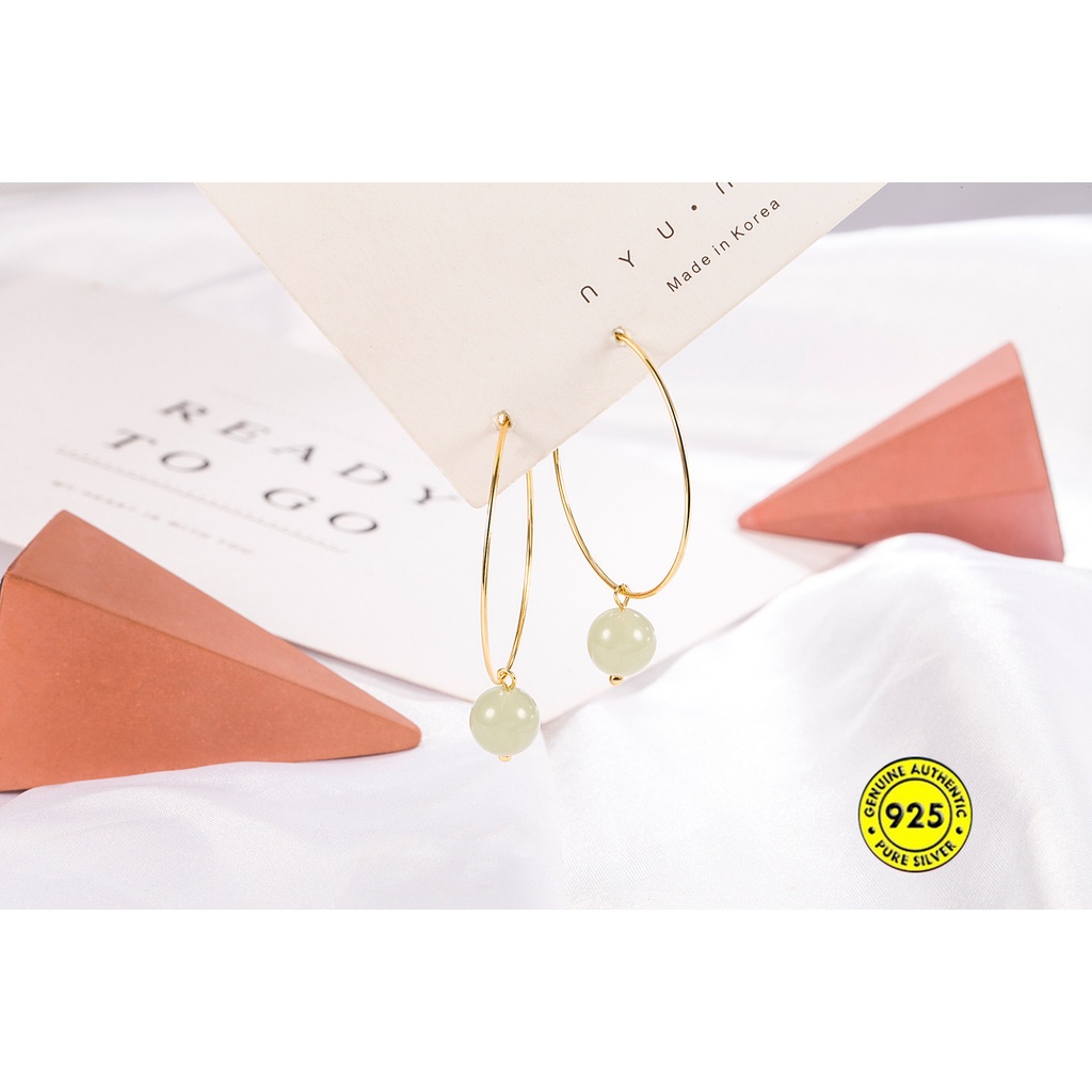 Anting Tusuk Retro Simple Anti Air / Alergi 18K Dengan Batu Giok Untuk Wanita