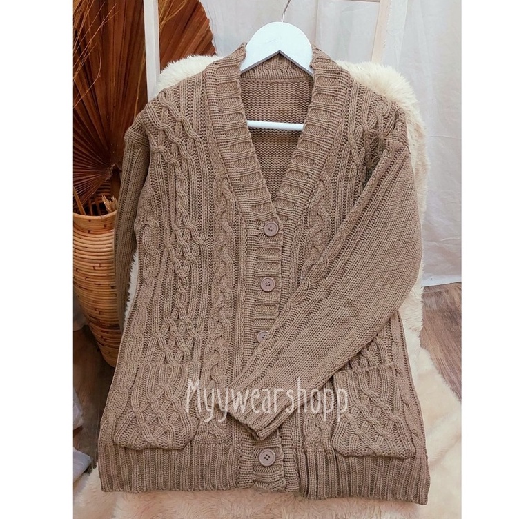 CABLE CARDY kardigan rajut kepang jumbo wanita panjang cardigan kancing oversize tebal terbaru impor-MOCCA