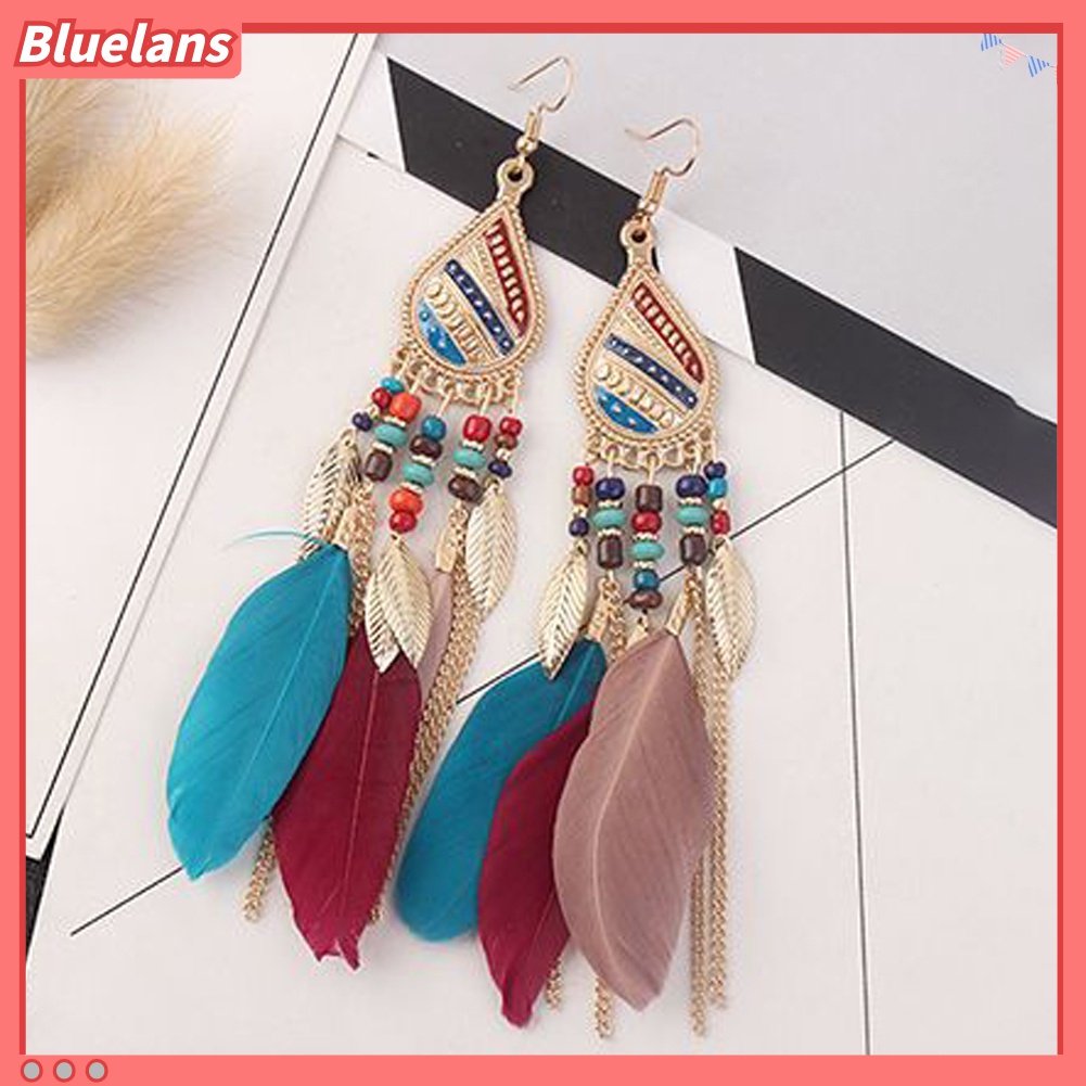 Bluelans Anting Kait Gantung Wanita Desain Bulu Gaya Vintageelegan Untuk Hadiah
