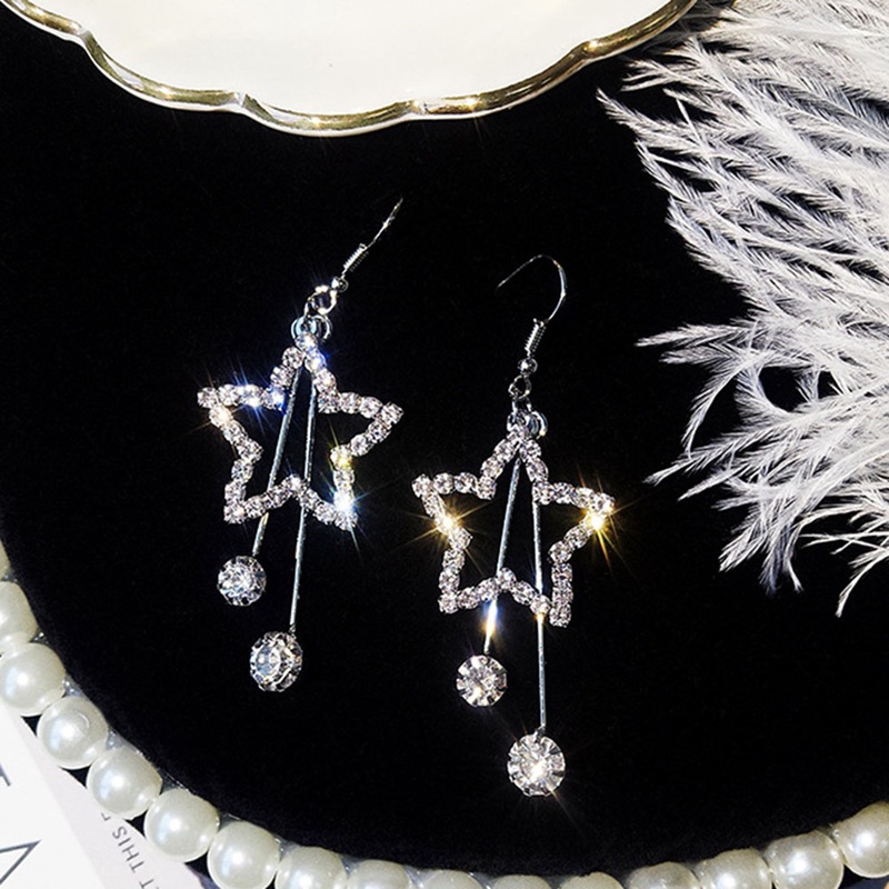 Crystal Long Bright Pentagram Star Tassel Pendant Earrings Usable