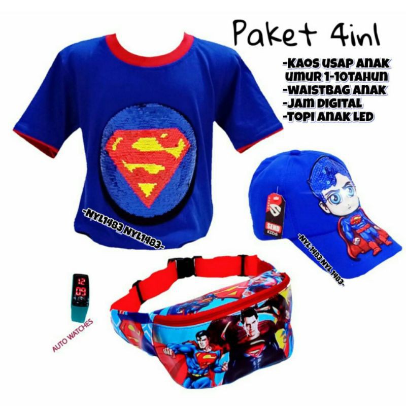 PAKET MURAH 4IN1 KAOS ANAK LAKI-LAKI USAP + TAS WAISTBAG ANAK+ JAM DIGITAL + TOPI LED ANAK