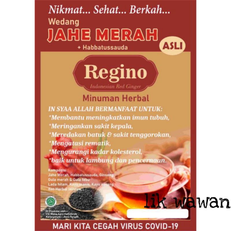 minuman jahe merah , regino, langsung dari pabrik, WEDANG JAHE 1 renteng isi 12 shacet