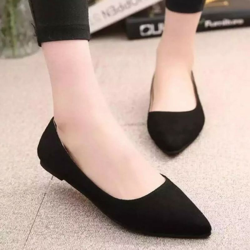 FlatShoes Suede Flat Shoes Wanita Sepatu Balet Hitam Polos FS03