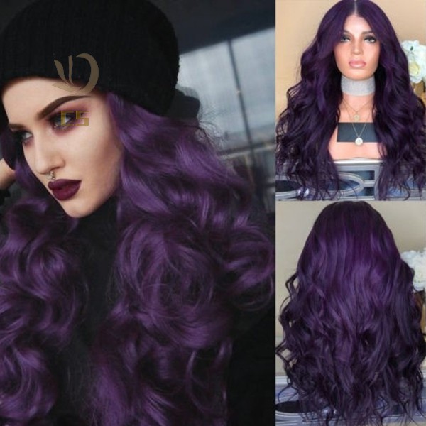 Cs Women Dark Purple Long Curly Wig Synthetic Wavy Hair Heat