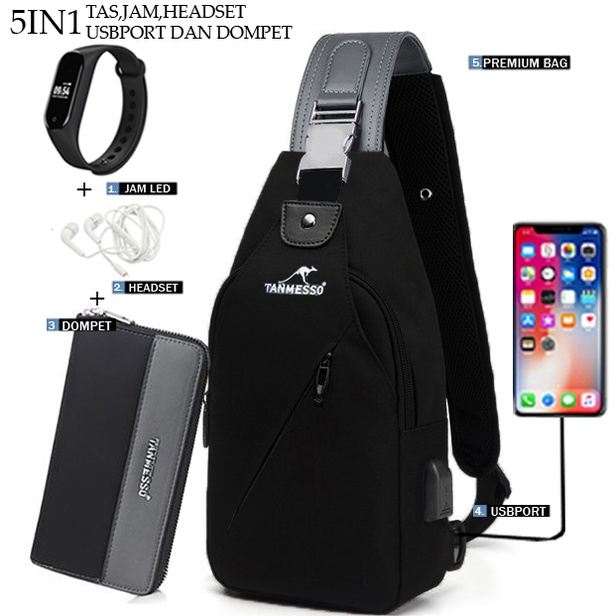 TANMESSO 5IN1 BAYAR DITEMPAT-BONUS JAM LED,DOMPET &amp; USBPORT&amp;HEADSET-tas selempang waterproof