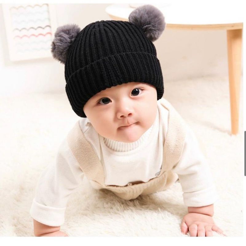 Topi Kupluk Bayi Rajut Pompom Polos Baby New Born