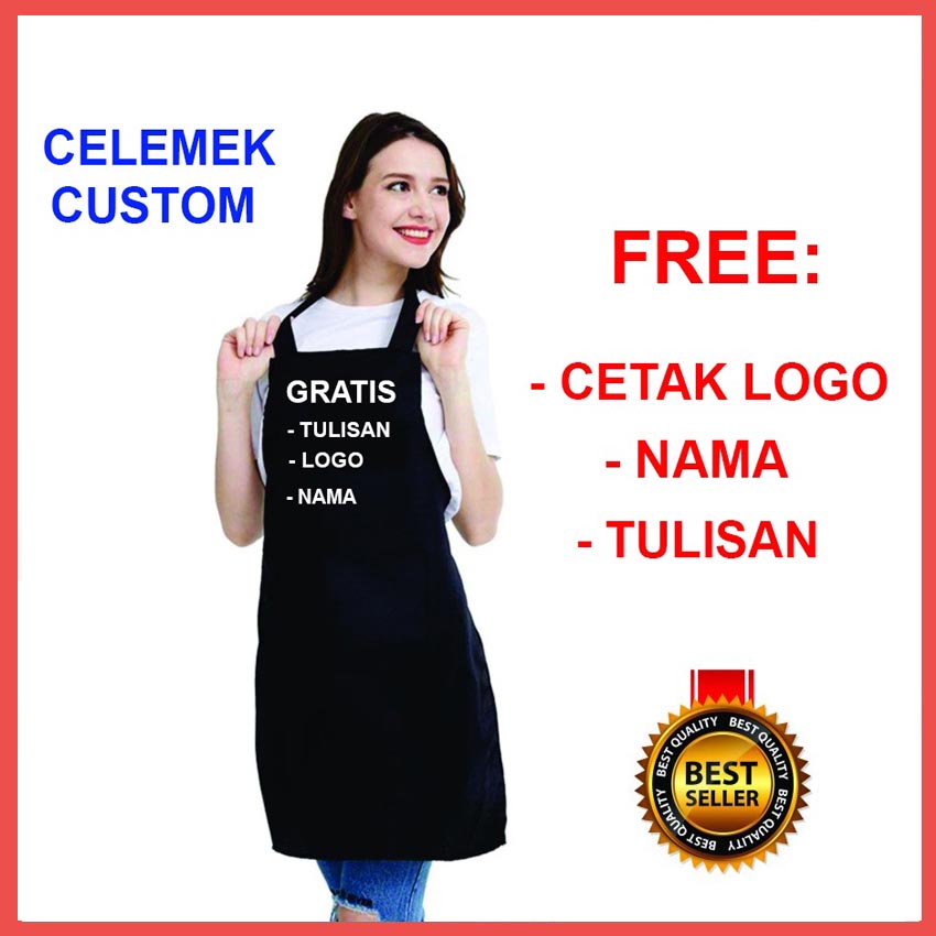 Celemek Celmek Clemek Apron BORDIR CUSTOM NAMA LOGO GAMBAR Bahan Drill Halus Premium Barista Warna HIJAU KREM MERAH HITAM