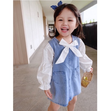 DRESS ANAK CEWEK BAHAN DENIM PITA SILANG TERUSAN JEANS PITA PUTIH