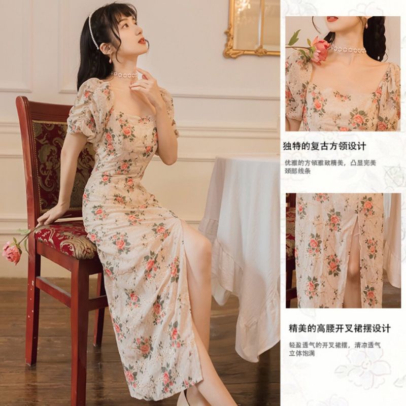 VN SUMMER DRESS / DRESS PANTAI /  KOREAN DRESS BEACH SQUARE NECK EMBROIDERY SLIT FLORAL DRESS