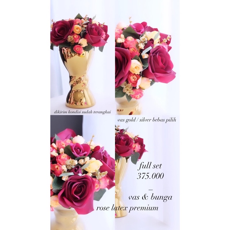 Full Set Vas Bunga Keramik Venice & Rangkaian Mawar Latex Premium