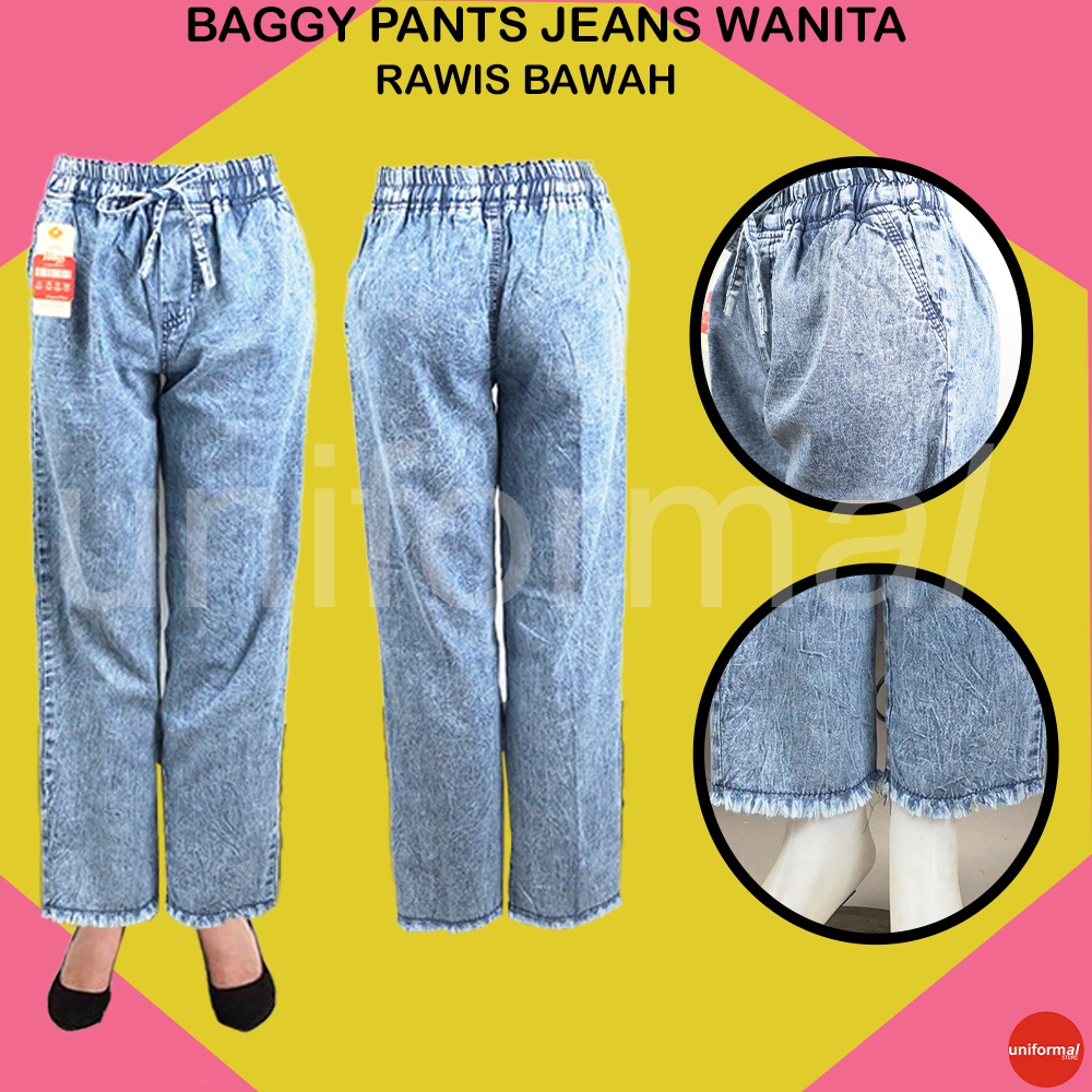 Celana Baggy Pants Jeans Wanita,  Baggy Pants Jins Model RAWIS, Celana Perempuan Pinggang Karet Tali, Celana Wanita Kekinian Saku Depan, Baggy Boyfrend Mid Waist ROSE BAGGY PANTS // BOYFRIEND JEANS SNOW