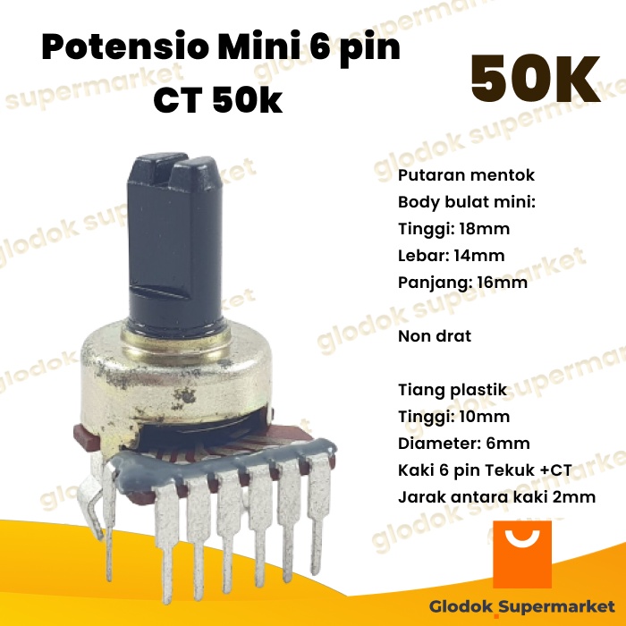 Potensio Mini 6 pin CT 50k Stereo Kaki 6+1 Tekuk Potentio Meter 503