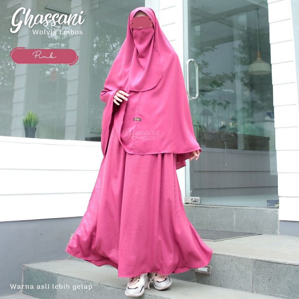 Ghassani Embos bY Damaira Hijab Set Gamis Dyari Cadar Pink