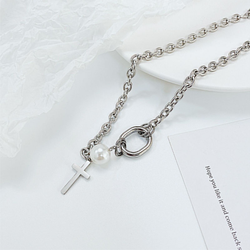 Korea Ins Cross Kalung Mutiara Clavicle Chain Aksesoris Fashion Wanita