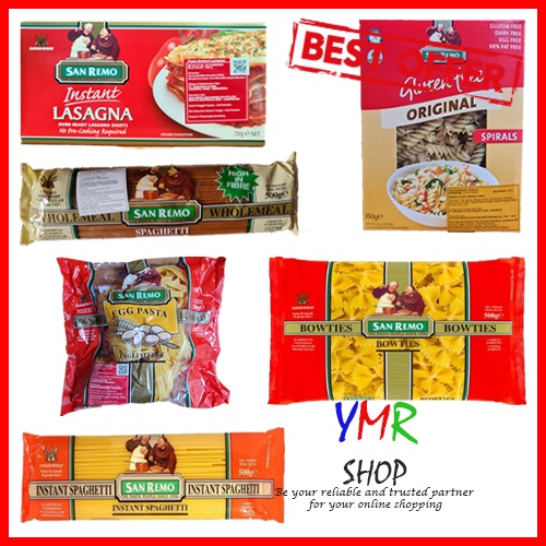 San Remo Pasta Lasagna Instant 250Gr / Gluten Free Spiral / Spaghetti Wholemeal 500Gr / Spaghetti 500Gr / Bowties 500Gr / Tagliatelle 250Gr / Angel Hair 500Gr / Elbows 500Gr / Vegeroni Spiral 500Gr / Spiral 500Gr / Fusilli 500Gr