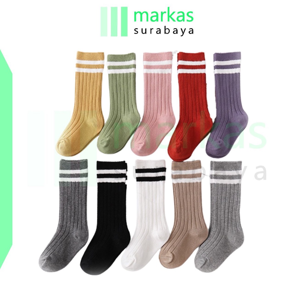 MARKAS KS14 Kaos Kaki Panjang Anak Motif Garis Polos Kaus Kaki Olahraga Selutut Nyaman