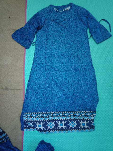 Batik Couple Keluarga Muara Couple Sania Ruffle Ori Ndori Jowi Dnt Termurah Motif Mega Mendung Biru