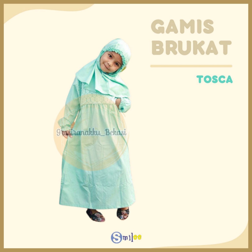 Gamis Kerudung Anak Aplikasi Brukat Hijau Size 1-6Tahun