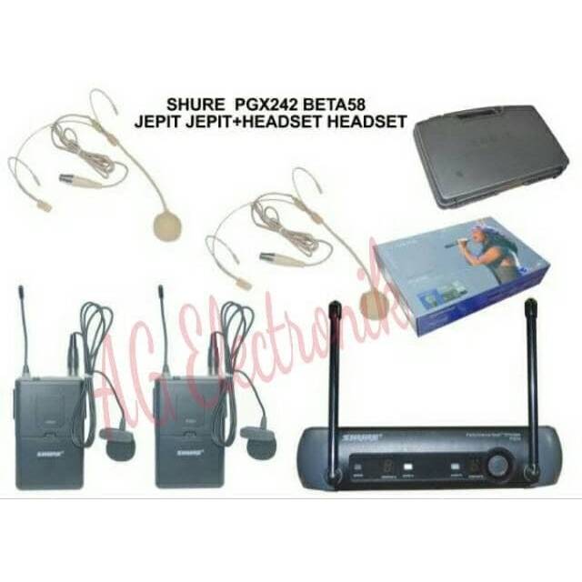 Mic wireless SHURE PGX-242 + Koper(2 mic Clip on dan 2 mic Heandset)