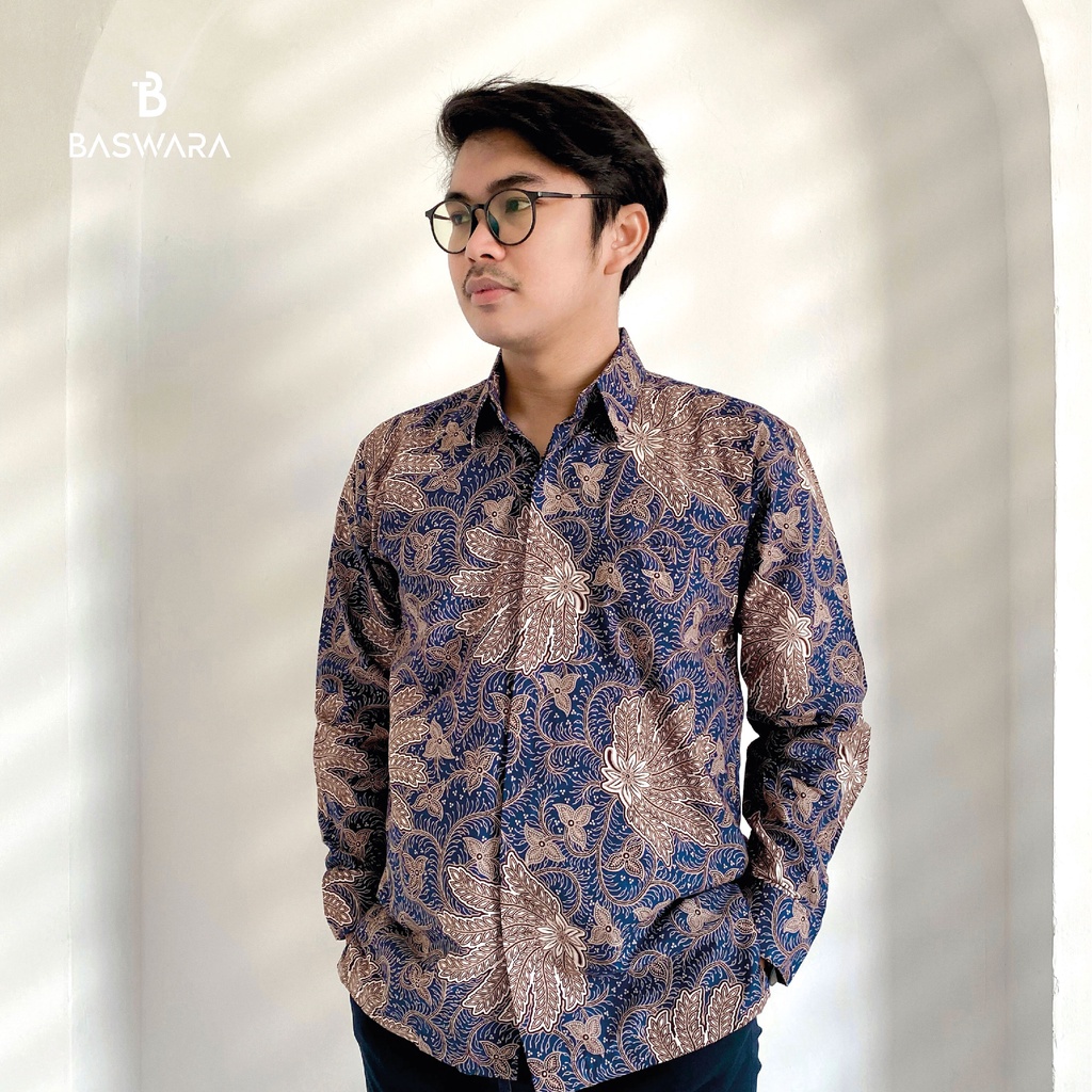 Baswara Batik Pria Lengan Panjang Biru Coklat A15
