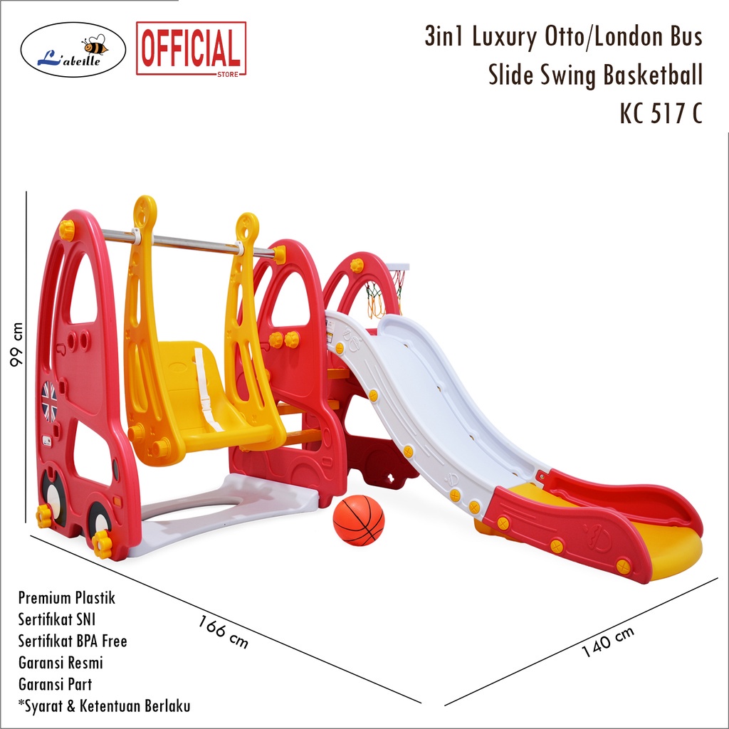 Makassar - Labeille KC 517 C 3in1 Slide Luxury Otto / London Bus Perosotan Anak + Ayunan Anak + Ring Bola Basket Anak