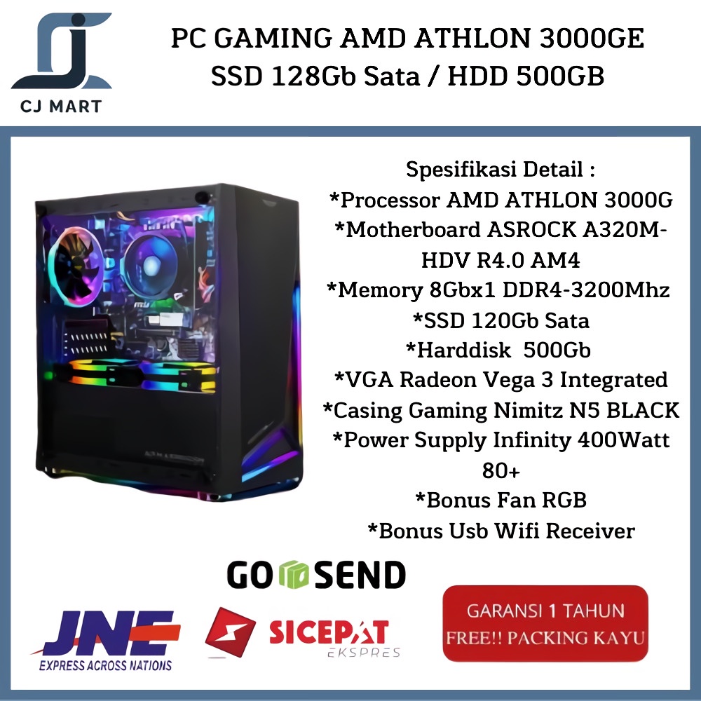 PC GAMING AMD ATHLON 3000GE SSD 128Gb Sata / HDD 500GB