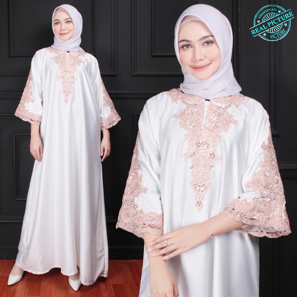 HOPYLOVY Kaftan Lebaran Wanita Satin Kerancang Mewah Elisabet