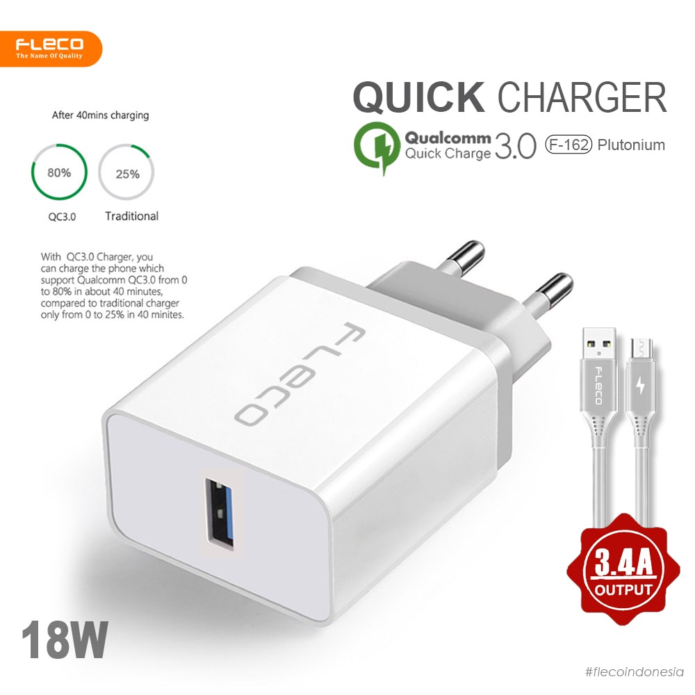 Charger Travel Adaptor Colokan USB 1 Port FLECO F-162 QC3.0 Qualcomm Fast Charging [non kabel]