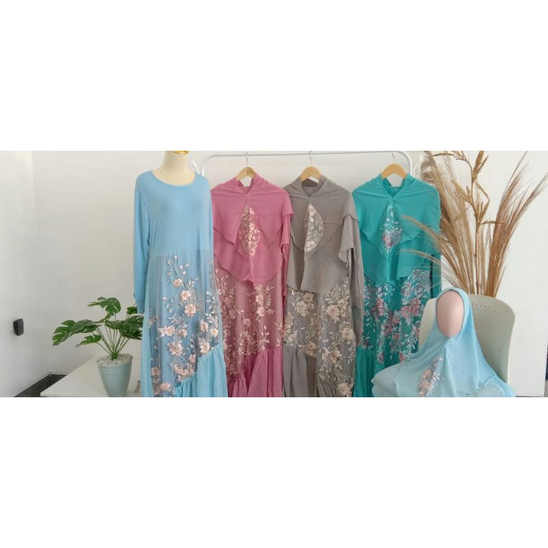 os kode S015 baju syari plus hijab brukat kain melar resleting depan pesta mewah
