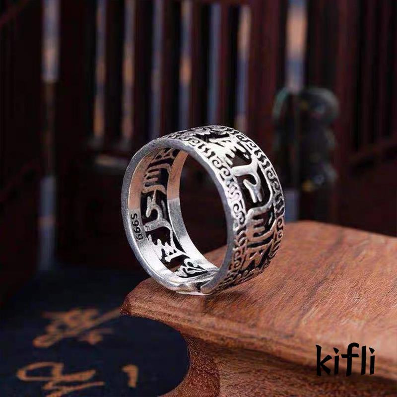 Cincin Model Terbuka Desain Six-character Proverbs Hollow out Gaya Tibet Retro Untuk Pria Dan Wanita