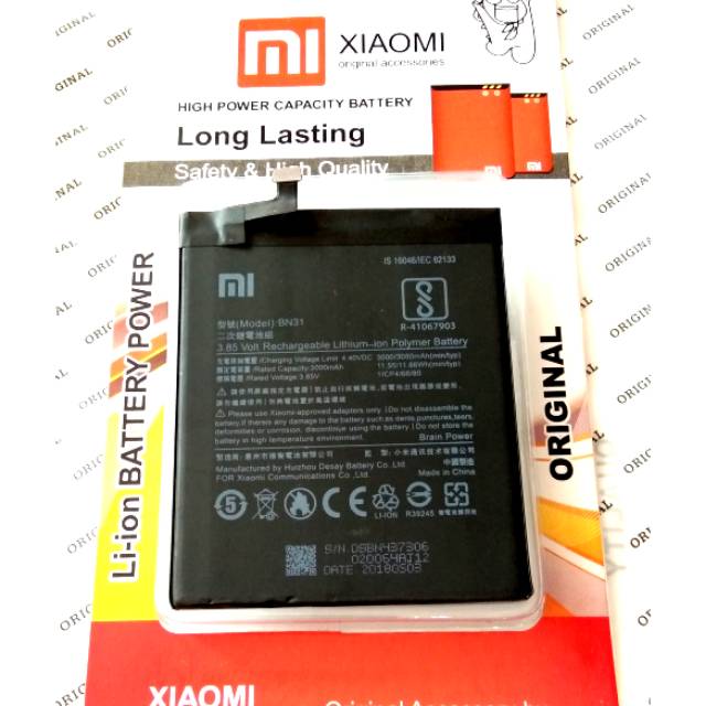 Baterai Soket Original Xiaomi 5X/A1 (BN 31)