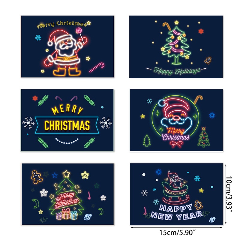 6pcs / set Kartu Ucapan Natal Dengan Amplop Stiker Neon Desain Pohon Natal Santa Claus