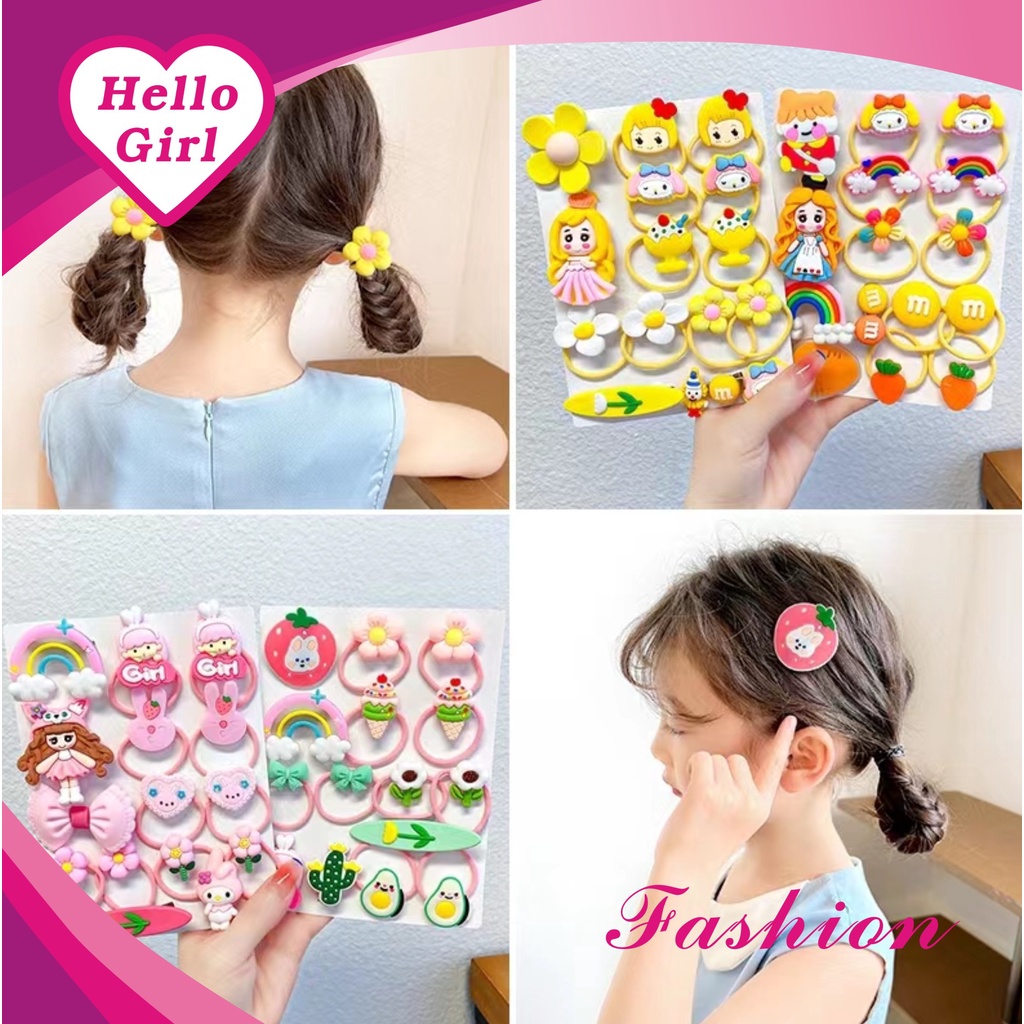 (Hello Girl) F148 Ikat Rambut Anak Set Ikat Rambut Anak 15 In 1 Kuncir Rambut Anak Lucu Import