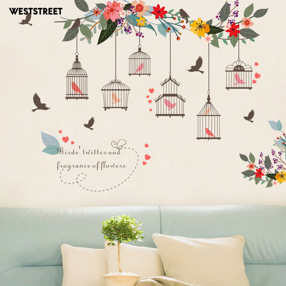 Weststreet Removable Flower Bird Birdcage Wall Art Sticker Decal Living Room Home Diy Decor Shopee Indonesia