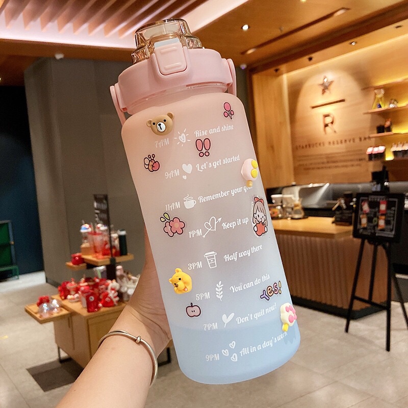 READY STOCK Botol Minum Pastel Sticker Jumbo 2L Seperti Quifit / Botol Reminder / Botol Unik-PINK PASTEL