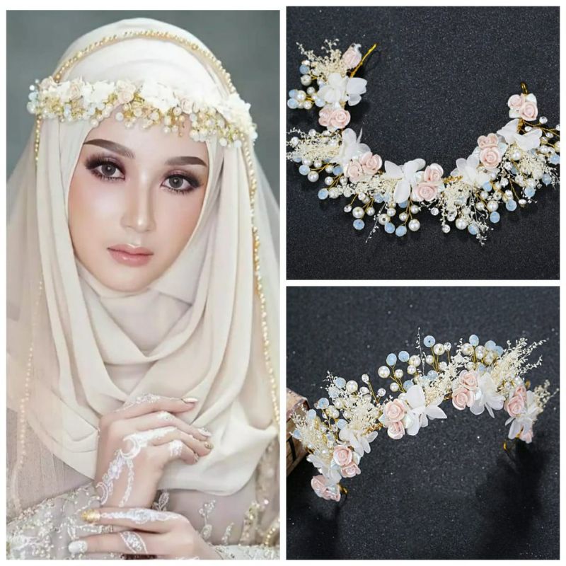 Luxury Mahkota Mutiara Bunga Putih - Headpiece Hiasan Hijab / Aksesoris Kepala Elegan.