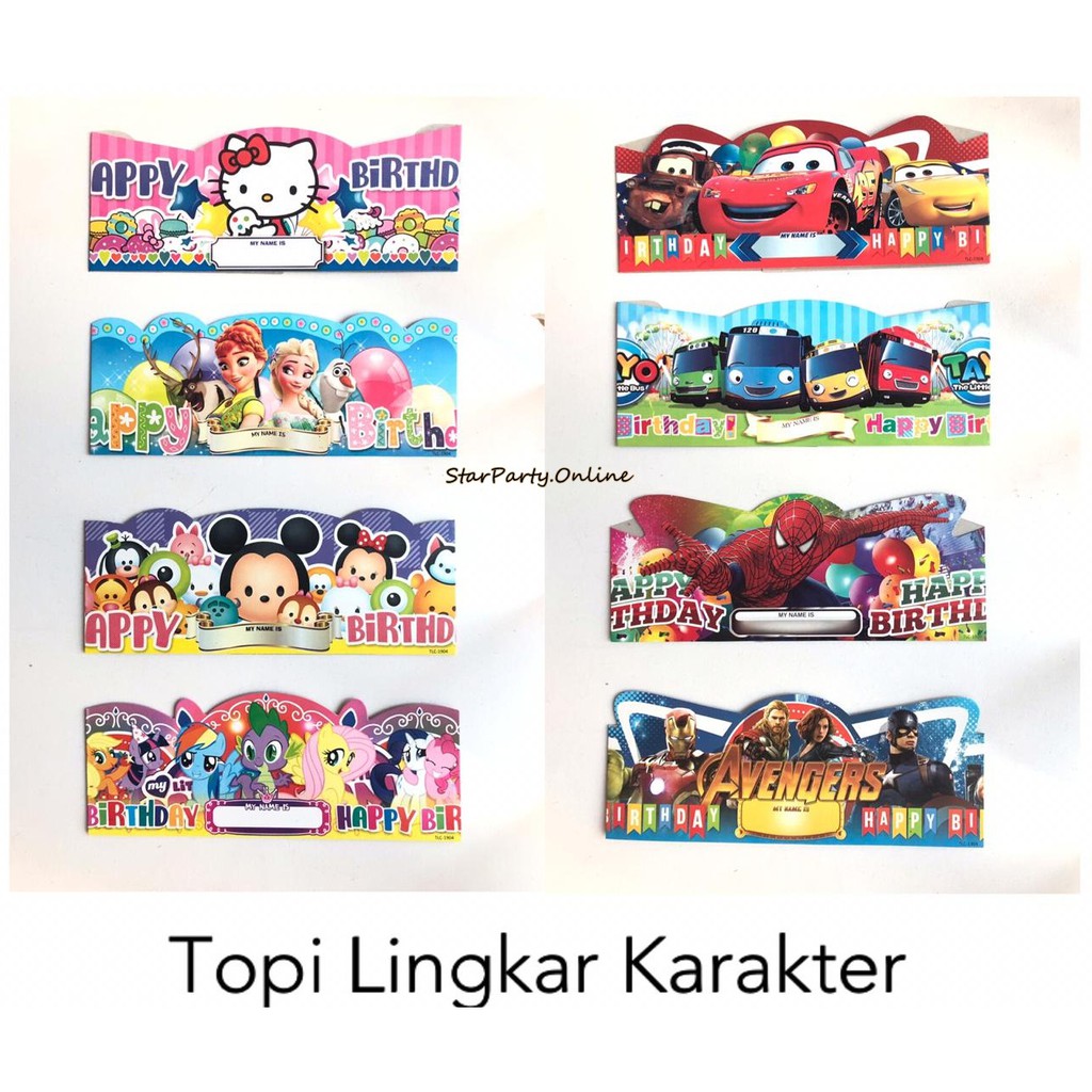 Topi Lingkar Karakter Mix Per 10pcs /Topi Ulang Tahun /Topi Kertas