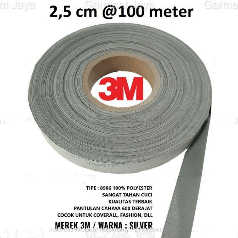 Pita Skotlet Lebar 2,5 cm merk 3M Meteran abu silver polos Kain Jaket baju rompi safety Scotlite Sco