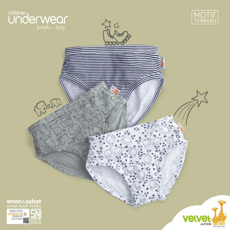 VELVET JUNIOR UNDERWEAR BRIEFS ISI 3 FULL PRINT - CELANA DAL ANAK