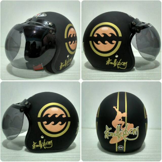 Helm Bogo JPN motif billabong hitam gold doff + kaca bogo cembung original