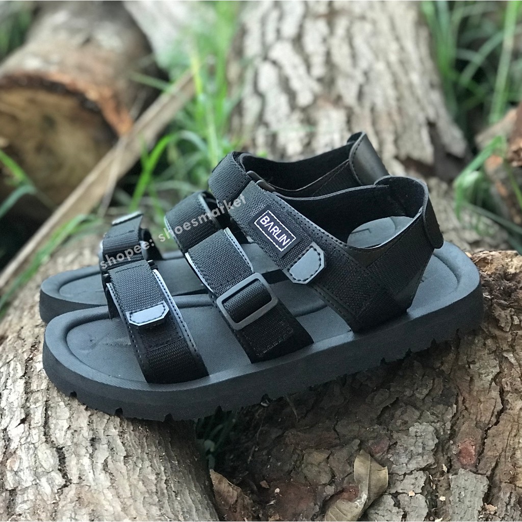 BISA BAYAR DITEMPAT (COD) SANDAL GUNUNG PRIA ALL BLACK CASUAL SENDAL ORIGINAL BARLIN