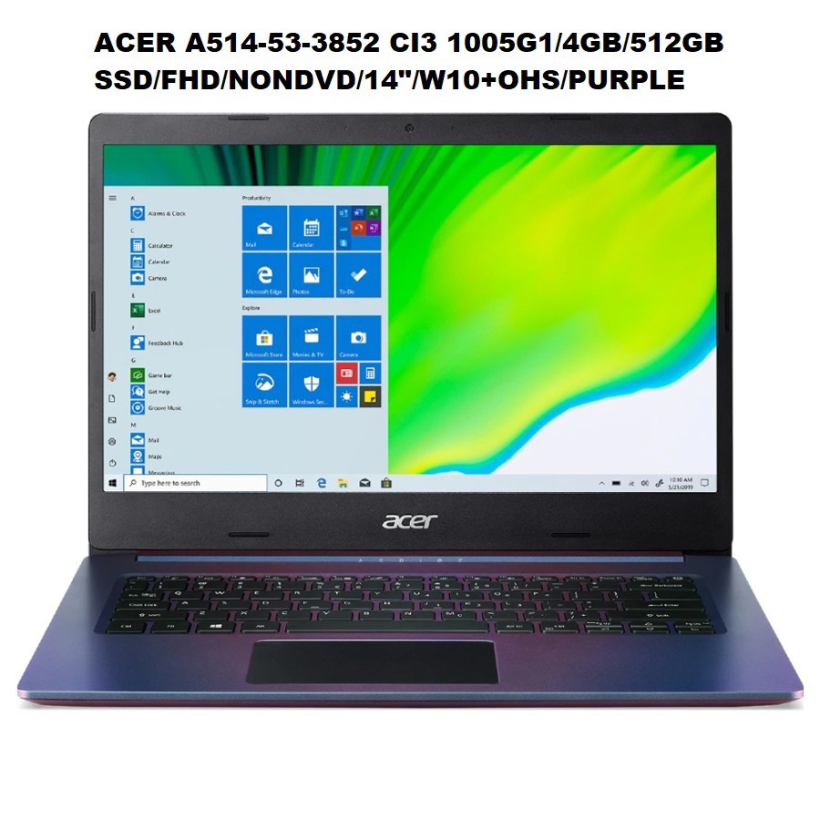 LAPTOP ACER A514 I3-1005G1/14&quot;/4GB/512GB+32GB OPTANE  SSD/INTEL  NO DVD/WIN 10 HOME + OHS - PURPLE